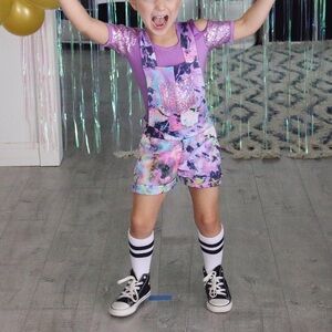 Child small dance costume purple Leo with shorts overalls